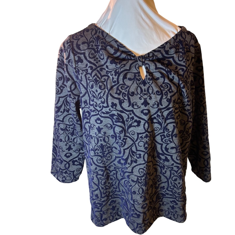 Lands End Top Womens Sz 18 Gray Blue Floral Keyhole‎ Neck 3/4 Sleeve Blouse